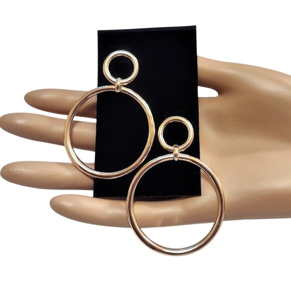 2 1/2" Long Double Thick Ring Hoop Pierced Post Stud Gold Tone Earrings Polished - Picture 5 of 5